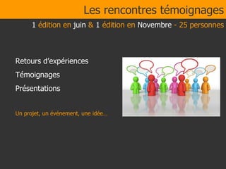 Les rencontres témoignages Retours d’expériences Témoignages Présentations  Un projet, un événement, une idée… 1  édition en  juin  &  1  édition en  Novembre  - 25 personnes 