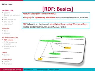 [RDF: Basics]DBPedia ProjectINTRODUCTIONObjectiveContext and MotivationToolWho develops it?Who uses it?How big is it?WORKINGBasicsWorkingTECHNICAL FLAVOURSRDF: databasePHP5: information extractionSPARQL: access to databaseDEMOExampleCONCLUSIONOpinionPerspectives11Pierre Masure    |     Web technology:  DBPedia ProjectResource Description Framework (RDF):a language for representing information about resources in the World Wide WebRDF is based on the idea of identifying things using Web identifiers (called Uniform Resource Identifiers, or URIs)