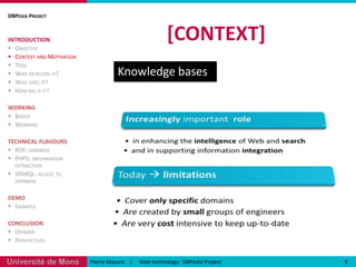 Knowledge bases[CONTEXT]DBPedia ProjectINTRODUCTIONObjectiveContext and MotivationToolWho develops it?Who uses it?How big is it?WORKINGBasicsWorkingTECHNICAL FLAVOURSRDF: databasePHP5: information extractionSPARQL: access to databaseDEMOExampleCONCLUSIONOpinionPerspectives3Pierre Masure    |     Web technology:  DBPedia Project
