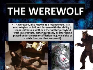 • A werewolf, also known as a lycanthrope , is a 
mythological or folkloric human with the ability to 
shapeshift into a wolf or a therianthropic hybrid 
wolf-like creature, either purposely or after being 
placed under a curse or affliction (e.g. via a bite or 
scratch from another werewolf). 
 
