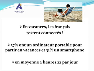 En vacances, les français

restent connectés !
37% ont un ordinateur portable pour

partir en vacances et 31% un smartphone
en moyenne 2 heures 22 par jour

 