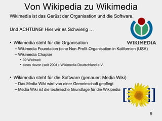 9
Von Wikipedia zu Wikimedia
Wikimedia ist das Gerüst der Organisation und die Software.
Und ACHTUNG! Hier wir es Schwierig …
• Wikimedia steht für die Organisation
– Wikimedia Foundation (eine Non-Profit-Organisation in Kalifornien (USA)
– Wikimedia Chapter
• 39 Weltweit
• eines davon (seit 2004): Wikimedia Deutschland e.V.
• Wikimedia steht für die Software (genauer: Media Wiki)
– Das Media Wiki wird von einer Gemeinschaft gepflegt
– Media Wiki ist die technische Grundlage für die Wikipedia
 