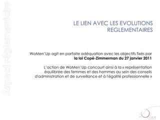 LE LIEN AVEC LES EVOLUTIONS
                                    REGLEMENTAIRES



WoMen’Up agit en parfaite adéquation avec les objectifs fixés par
                     la loi Copé-Zimmerman du 27 janvier 2011

      L’action de WoMen’Up concourt ainsi à la « représentation
      équilibrée des femmes et des hommes au sein des conseils
  d'administration et de surveillance et à l'égalité professionnelle »
 