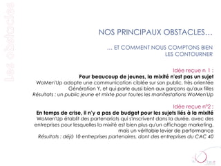 NOS PRINCIPAUX OBSTACLES…
                                … ET COMMENT NOUS COMPTONS BIEN
                                                 LES CONTOURNER

                                                        Idée reçue n 1 :
                    Pour beaucoup de jeunes, la mixité n'est pas un sujet
 WoMen'Up adopte une communication ciblée sur son public, très orientée
                Génération Y, et qui parle aussi bien aux garçons qu'aux filles
Résultats : un public jeune et mixte pour toutes les manifestations WoMen'Up

                                                         Idée reçue n°2 :
 En temps de crise, il n’y a pas de budget pour les sujets liés à la mixité
 WoMen'Up établit des partenariats qui s'inscrivent dans la durée, avec des
entreprises pour lesquelles la mixité est bien plus qu'un affichage marketing,
                                      mais un véritable levier de performance
 Résultats : déjà 10 entreprises partenaires, dont des entreprises du CAC 40
 
