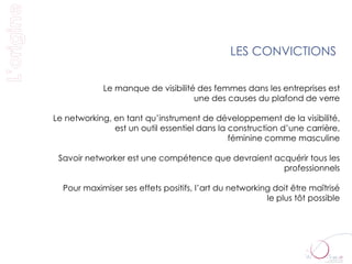 LES CONVICTIONS

            Le manque de visibilité des femmes dans les entreprises est
                                   une des causes du plafond de verre

Le networking, en tant qu’instrument de développement de la visibilité,
               est un outil essentiel dans la construction d’une carrière,
                                              féminine comme masculine

 Savoir networker est une compétence que devraient acquérir tous les
                                                     professionnels

  Pour maximiser ses effets positifs, l’art du networking doit être maîtrisé
                                                        le plus tôt possible
 