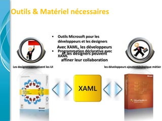 Outils & Matériel nécessaires

                             •    Outils Microsoft pour les
                                  développeurs et les designers
                               Avec XAML, les développeurs
                             • Programmation déclarative avec
                                 et les designers peuvent
                               XAML
                                 affiner leur collaboration
Les designers conçoivent les UI                              les développeurs ajoutent la logique métier
 
