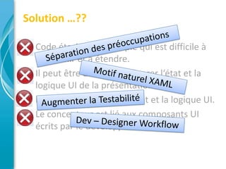 Solution …??

• Code étroitement couplé qui est difficile à
  maintenir et à étendre.
• Il peut être difficile de séparer l‘état et la
  logique UI de la présentation UI.
• Il est difficile de tester l'état et la logique UI.
• Le concepteur est lié aux composants UI
  écrits par le développeur.
 