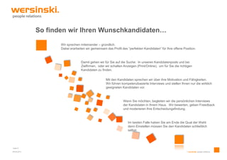 So finden wir Ihren Wunschkandidaten…

       Wir sprechen miteinander – gründlich.
       Dabei erarbeiten wir gemeinsam das Profil des “perfekten Kandidaten” für Ihre offene Position.



                    Damit gehen wir für Sie auf die Suche: In unseren Kandidatenpools und bei
                    Zielfirmen, oder wir schalten Anzeigen (Print/Online), um für Sie die richtigen
                    Kandidaten zu finden.


                                      Mit den Kandidaten sprechen wir über ihre Motivation und Fähigkeiten.
                                      Wir führen kompetenzbasierte Interviews und stellen Ihnen nur die wirklich
                                      geeigneten Kandidaten vor.



                                                  Wenn Sie möchten, begleiten wir die persönlichen Interviews
                                                  der Kandidaten in Ihrem Haus. Wir bewerten, geben Freedback
                                                  und moderieren Ihre Entscheidungsfindung.



                                                     Im besten Falle haben Sie am Ende die Qual der Wahl:
                                                     denn Einstellen müssen Sie den Kandidaten schließlich
                                                     selbst.
 