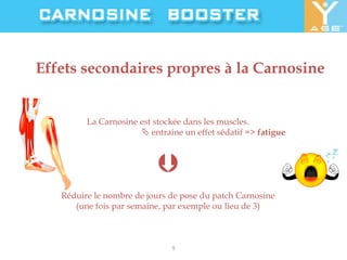 Effets secondaires propres à la CarnosineLa Carnosine est stockée dans les muscles. entraine un effet sédatif => fatigueRéduire le nombre de jours de pose du patch Carnosine (une fois par semaine, par exemple ou lieu de 3)9