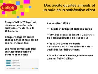 Des audits qualités annuels et
                              un suivi de la satisfaction client


Chaque Yelloh! Village doit     Sur la saison 2012 :
respecter une charte de
qualité interne de plus de       Plus de 61000 questionnaires traités
290 critères
                                 91% des clients se disent « Satisfaits »
Chaque village est audité       ou « Très Satisfaits » de leur séjour
chaque année et noté par un
cabinet indépendant              93 % des clients se disent
                                « satisfaits » ou « Très satisfaits » de la
Les notes servent à la mise     qualité de leur hébergement
en place d’un système
d’information client            88% d’entre eux envisagent de revenir
                                dans un Yelloh! Village




                                                                    26 / 46
 
