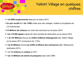 Yelloh! Village en quelques
                                                          chiffres

 + de 9900 emplacements nus pour la saison 2013

 Un parc locatif de + de 11000 unités avec des cottages, chalets ou bungalows de
 2 à 8 personnes
 4.3 Millions de visiteurs sur notre site marchand sur la saison 2012

 + de 110 000 appels auprès de notre centrale de réservation sur la saison 2012

 + de 107 Millions d'euros de chiffre d'affaires hébergement des Yelloh! Village
 sur la saison 2011 (croissance de +13%)
 + de 23 Millions d’euros de chiffre d’affaires des commerces (Bar, Restaurant)
 (estimation 2011)
 + de 7.4 millions de nuitées en 2011

 + de 1.6 Millions de clients et prospects dans notre CRM

                                                                                   28 / 46
 
