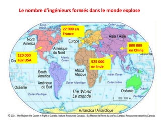Le nombre d’ingénieurs formés dans le monde explose
27 000 en
France
800 000
en Chine
525 000
en Inde
120 000
aux USA
 