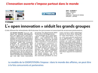 L’innovation ouverte s’impose partout dans le monde
Le modèle de la COOPETITION s’impose : dans le monde des affaires, on peut être
à la fois concurrents et partenaires
 