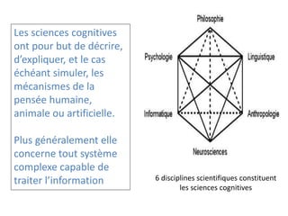 Les sciences cognitives
ont pour but de décrire,
d’expliquer, et le cas
échéant simuler, les
mécanismes de la
pensée humaine,
animale ou artificielle.
Plus généralement elle
concerne tout système
complexe capable de
traiter l’information 6 disciplines scientifiques constituent
les sciences cognitives
 