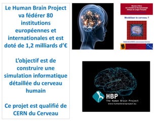 Le Human Brain Project
va fédérer 80
institutions
européennes et
internationales et est
doté de 1,2 milliards d’€
L’objectif est de
construire une
simulation informatique
détaillée du cerveau
humain
Ce projet est qualifié de
CERN du Cerveau
 
