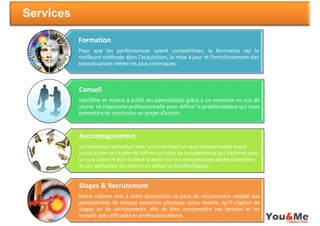 Services

           Formation
           Pour que les performances soient compétitives, la formation est la
           meilleure méthode dans l’acquisition, la mise à jour et l’enrichissement des
           connaissances même les plus techniques.



           Conseil
           Identifier et mettre à profit ses potentialités grâce à un entretien en vue de
           cerner sa trajectoire professionnelle pour définir la problématique qui nous
           permettra de construire un projet d’action.


           Accompagnement
           Un entretien individuel avec un consultant se veut indispensable avant
           toute action et ce afin de définir un bilan de compétences qui s’achève avec
           un suivi dans le but de faire le point sur ses compétences professionnelles
           et ses aptitudes, les mettre en valeur et les développer.


           Stages & Recrutement
           Notre cabinet met à votre disposition un pack de recrutement adapté aux
           particularités de chaque personne physique et/ou morale, qu’il s’agisse de
           stages ou de recrutements, afin de bien comprendre vos besoins et les
           remplir avec efficacité et professionnalisme.
 
