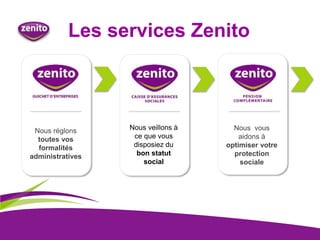 Les services Zenito
Nous réglons
toutes vos
formalités
administratives
Nous veillons à
ce que vous
disposiez du
bon statut
social
Nous vous
aidons à
optimiser votre
protection
sociale
 