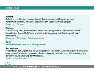 FirmenCheck


Auftakt
Definition und Abstimmung von Ablauf, Bestimmung von Ressourcen und
Verantwortlichkeiten, Inhalten, vorbereitenden Tätigkeiten und Zeitplan.
Dauer ca. 1 Stunde
Analyse
Durchführung des UnternehmensChecks auf Leitungsebene. Interview mit einem
Vertreter der Geschäftsführung und aus jeder Abteilung, mit Gewerkschaft bzw.
Betriebsrat .
Dauer ca. 1 Stunde pro Gesprächspartner
Tool
UnternehmensCheck auf Leitungsebene
Auswertung
Präsentation der Ergebnisse auf Leitungsebene. Feedback. Abstimmung der sich daraus
ergebenden Verbesserungspotenziale und möglichen Massnahmen. Entscheidung bzgl.
der aktiven Einbeziehung der Mitarbeiter.
Dauer ca. 2-4 Stunden


                                     •Seite
       VERBAND Zukunftsfähigkeit für Deutschland e.V.                      •Swwweite 6
 