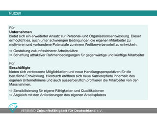 Nutzen


Für
Unternehmen
bietet sich ein erweiterter Ansatz zur Personal- und Organisationsentwicklung. Dieser
ermöglicht es, auch unter schwierigen Bedingungen die eigenen Mitarbeiter zu
motivieren und vorhandene Potenziale zu einem Wettbewerbsvorteil zu entwickeln.
 Gestaltung zukunftssicherer Arbeitsplätze
 Schaffung attraktiver Rahmenbedingungen für gegenwärtige und künftige Mitarbeiter

Für
Beschäftigte
bieten sich verbesserte Möglichkeiten und neue Handlungsperspektiven für die
berufliche Entwicklung. Hierdurch eröffnen sich neue Karrierepfade innerhalb des
eigenen Unternehmens und auch ausserberuflich profitieren die Mitarbeiter von den
Massnahmen.
 Sensibilisierung für eigene Fähigkeiten und Qualifikationen
 Abgleich mit den Anforderungen des eigenen Arbeitsplatzes



•                                      •
       VERBAND Zukunftsfähigkeit für Deutschland e.V.
 