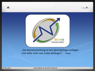 Warum funktioniert der Name und das Logo?enthält wichtige Begriffe: Beratung, Vision und Orientierungleicht auszusprechen und leicht zu merkenwirkt auf ZG ansprechend und dynamisch ist schutzfähig  überprüft bei denic.de (Domainname möglich) und DPMAregisterspiegelt sehr gut den Sinn des Projekts wieder Pfeile zeigen die Zukunftsorientiertheit und zeigen der Person das sie nicht alleine ist  Vertrauen schaffen, unterstützend, hoffnungsvoll Kreis zeigt die Zugehörigkeit zu Zukunft im Zentrum und schafft ein abgerundetes Gesamtbild 27.05.2011Julia Walter & Hendrik Hellmich