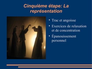 Cinquième étape: La représentation Trac et angoisse Exercices de relaxation et de concentration Épanouissement personnel 