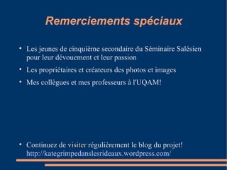 Remerciements spéciaux Les jeunes de cinquième secondaire du Séminaire Salésien pour leur dévouement et leur passion Les propriétaires et créateurs des photos et images Mes collègues et mes professeurs à l'UQAM! Continuez de  visiter  régulièrement le blog du projet!  http://kategrimpedanslesrideaux.wordpress.com/ 