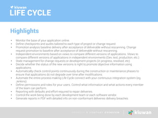 P R O D U C T & C O M P A N Y O V E R V I E W
LIFE CYCLE
Highlights
• Monitor the base of your application online.
• Defin...