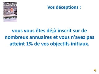 Vos déceptions :



   vous vous êtes déjà inscrit sur de
nombreux annuaires et vous n'avez pas
  atteint 1% de vos objectifs initiaux.
 