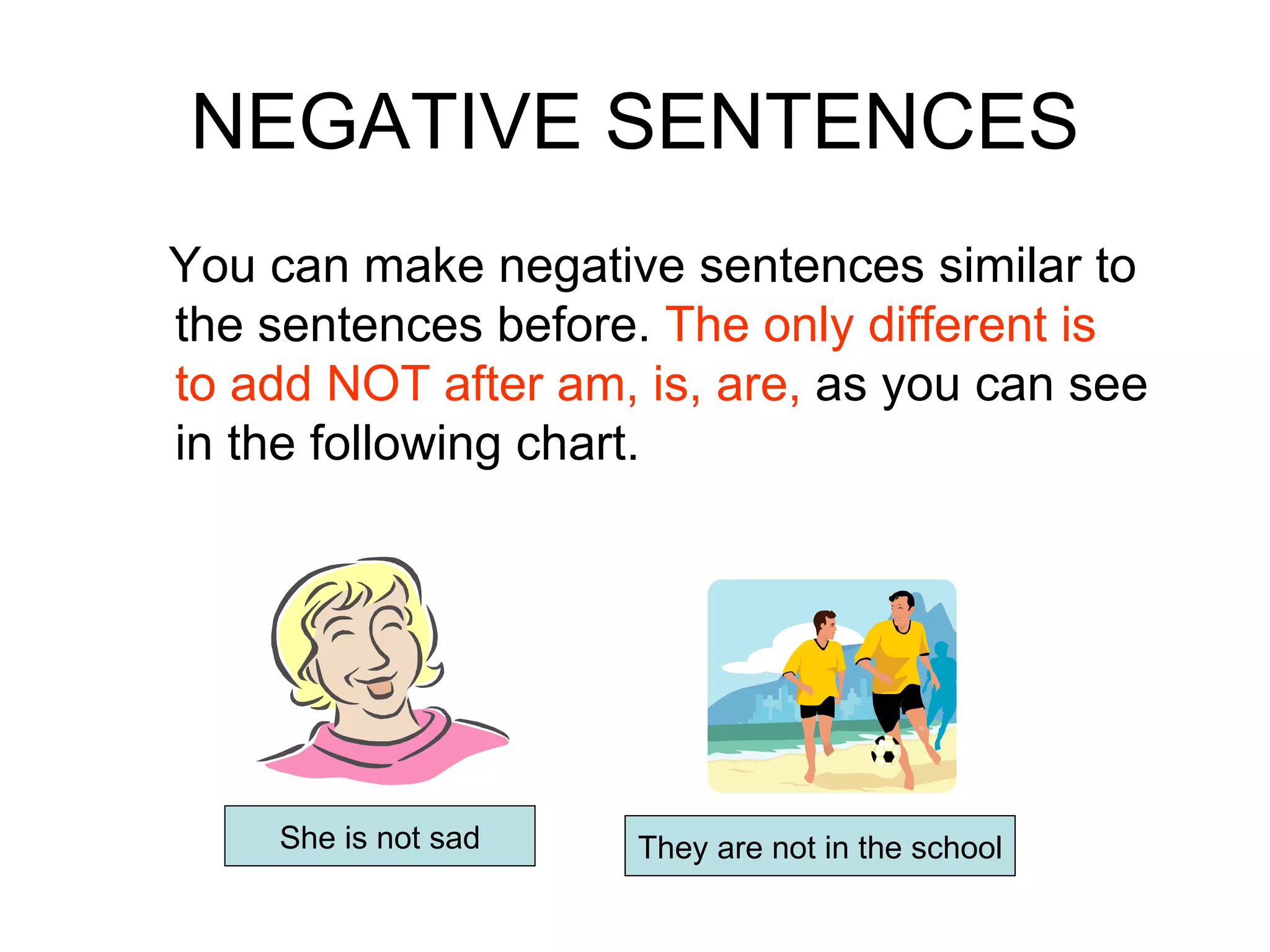 NEGATIVE SENTENCES You can make negative sentences similar to the sentences before.  The only different is to add NOT after am, is, are,  as you can see in the following chart. She is not sad They are not in the school 