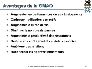 Avantages de la GMAO Augmenter les performances de vos équipements  Optimiser l’utilisation des actifs Augmenter la durée de vie  Diminuer le nombre de pannes Augmenter la productivité des ressources Réduire vos coûts d’achats et délais associés Améliorer vos relations Rationaliser les approvisionnements La GMAO : Gestion de la Maintenance Assistée Par Ordianateur 