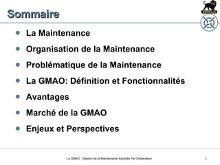 Sommaire La Maintenance Organisation de la Maintenance Problématique de la Maintenance La GMAO: Définition et Fonctionnalités Avantages Marché de la GMAO Enjeux et Perspectives La GMAO : Gestion de la Maintenance Assistée Par Ordianateur 