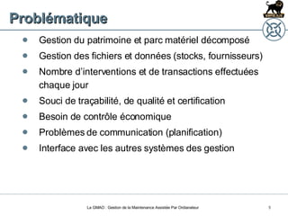 Problématique Gestion du patrimoine et parc matériel décomposé Gestion des fichiers et données (stocks, fournisseurs) Nombre d’interventions et de transactions effectuées chaque jour Souci de traçabilité, de qualité et certification Besoin de contrôle économique Problèmes de communication (planification) Interface avec les autres systèmes des gestion La GMAO : Gestion de la Maintenance Assistée Par Ordianateur 