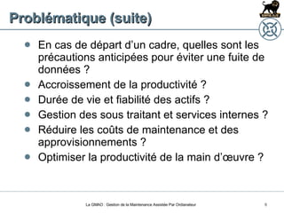 Problématique (suite) En cas de départ d’un cadre, quelles sont les précautions anticipées pour éviter une fuite de données ? Accroissement de la productivité ? Durée de vie et fiabilité des actifs ? Gestion des sous traitant et services internes ? Réduire les coûts de maintenance et des approvisionnements ? Optimiser la productivité de la main d’œuvre ? La GMAO : Gestion de la Maintenance Assistée Par Ordianateur 