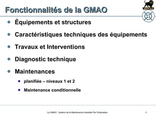 Fonctionnalités de la GMAO Équipements et structures Caractéristiques techniques des équipements Travaux et Interventions Diagnostic technique Maintenances  planifiée – niveaux 1 et 2 Maintenance conditionnelle La GMAO : Gestion de la Maintenance Assistée Par Ordianateur 