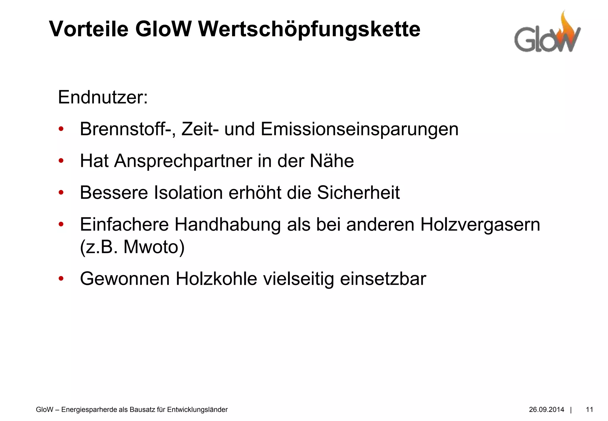 GloW – Energiesparherde als Bausatz für Entwicklungsländer 26.09.2014 |
Vorteile GloW Wertschöpfungskette
11
Endnutzer:
• Brennstoff-, Zeit- und Emissionseinsparungen
• Hat Ansprechpartner in der Nähe
• Bessere Isolation erhöht die Sicherheit
• Einfachere Handhabung als bei anderen Holzvergasern
(z.B. Mwoto)
• Gewonnen Holzkohle vielseitig einsetzbar
 