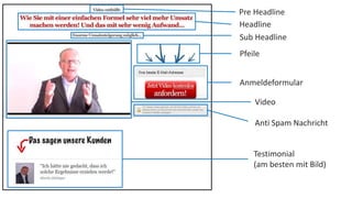 Pre Headline 
Headline 
Sub Headline 
Pfeile 
Anmeldeformular 
Video 
Anti Spam Nachricht 
Testimonial 
(am besten mit Bild) 
 