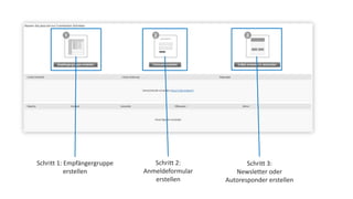 Schritt 1: Empfängergruppe 
erstellen 
Schritt 2: 
Anmeldeformular 
erstellen 
Schritt 3: 
Newsletter oder 
Autoresponder erstellen 
 