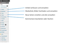 Artikel verfassen und verwalten 
Mediathek; Bilder hochladen und verwalten 
Neue Seiten erstellen und alte verwalten 
Kommentare bearbeiten oder löschen 
 
