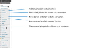 Artikel verfassen und verwalten 
Mediathek; Bilder hochladen und verwalten 
Neue Seiten erstellen und alte verwalten 
Kommentare bearbeiten oder löschen 
Themes und Widgets installieren und verwalten 
 