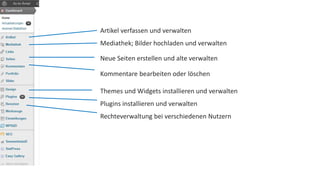Artikel verfassen und verwalten 
Mediathek; Bilder hochladen und verwalten 
Neue Seiten erstellen und alte verwalten 
Kommentare bearbeiten oder löschen 
Themes und Widgets installieren und verwalten 
Plugins installieren und verwalten 
Rechteverwaltung bei verschiedenen Nutzern 
 