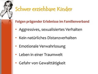 Schwer erziehbare KinderFolgen prägender Erlebnisse im FamilienverbandAggressives, sexualisiertes VerhaltenKein natürliches DistanzverhaltenEmotionale VerwahrlosungLeben in einer TraumweltGefahr von Gewalttätigkeit