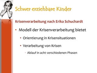 Schwer erziehbare KinderKrisenverarbeitung nach Erika SchuchardtModell der Krisenverarbeitung bietetOrientierung in KrisensituationenVerarbeitung von KrisenAblauf in acht verschiedenen Phasen