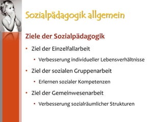 Sozialpädagogik allgemeinZiele der SozialpädagogikZiel der EinzelfallarbeitVerbesserung individueller LebensverhältnisseZiel der sozialen GruppenarbeitErlernen sozialer KompetenzenZiel der GemeinwesenarbeitVerbesserung sozialräumlicher Strukturen