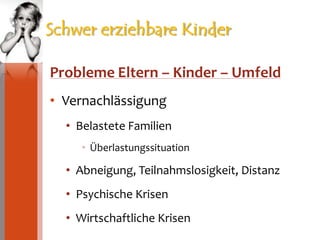 Schwer erziehbare KinderProbleme Eltern – Kinder – UmfeldVernachlässigungBelastete FamilienÜberlastungssituationAbneigung, Teilnahmslosigkeit, DistanzPsychische KrisenWirtschaftliche Krisen