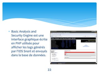 Basic Analysis and
Security Engine est une
interface graphique écrite
en PHP utilisée pour
afficher les logs générés
par l'IDS Snort et envoyés
dans la base de données.



                             22
 