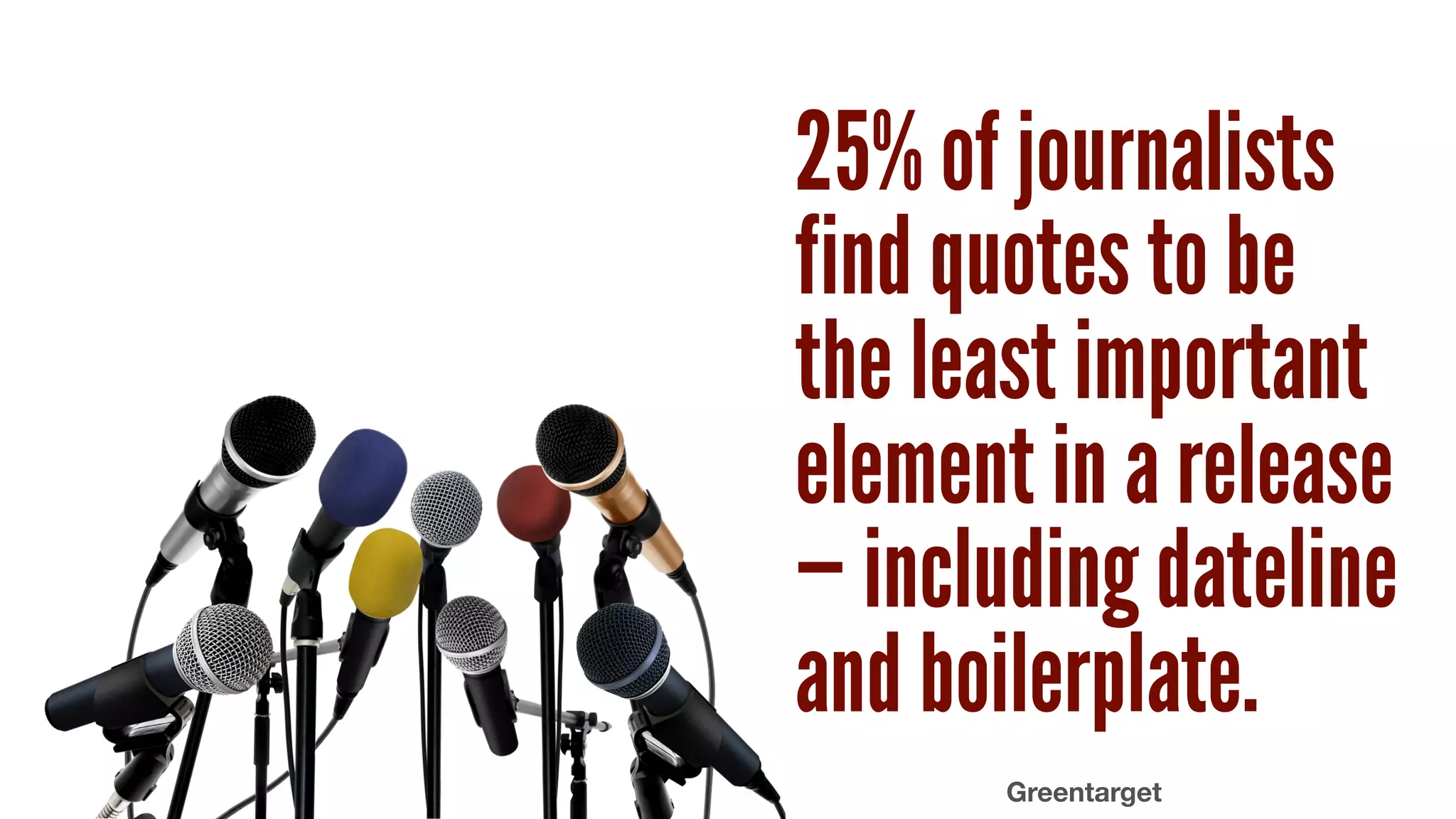 25% of journalists
find quotes to be
the least important
element in a release
— including dateline
and boilerplate.
Greentarget
Copyright 2019 Wylie Communications Inc.
 