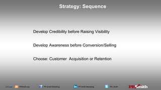 © PR Smith PRSmith.org PR Smith Marketing PR Smith Marketing PR_Smith
Develop Credibility before Raising Visibility
Develop Awareness before Conversion/Selling
Choose: Customer Acquisition or Retention
Strategy: Sequence
 