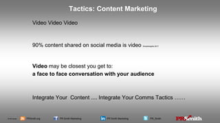 © PR Smith PRSmith.org PR Smith Marketing PR Smith Marketing PR_Smith
Video Video Video
90% content shared on social media is video Smartinsights 2017
Video may be closest you get to:
a face to face conversation with your audience
Integrate Your Content .... Integrate Your Comms Tactics ……
Tactics: Content Marketing
 