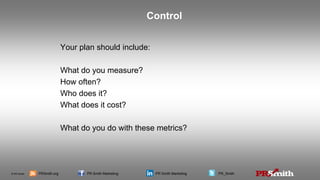 © PR Smith PRSmith.org PR Smith Marketing PR Smith Marketing PR_Smith
Your plan should include:
What do you measure?
How often?
Who does it?
What does it cost?
What do you do with these metrics?
Control
 