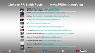 © PR Smith PRSmith.org PR Smith Marketing PR Smith Marketing PR_Smith
Links to PR Smith Posts www.PRSmith.org/blog
SOSTAC® Plan in 4 mins (video) www.SOSTAC.org
& articles below are from www.PRSmith.org/blog
GDPR Opportunity to Boost CX or a Threat of Closure? (Part 1)
Big Data How Trump Won - Big data & the Magic Marketing Formula
AI Here come the clever bots bursting with AI (Part 1)
IoT IoT (the Internet of Things) is here
AI Here come the clever bots: AI & Customer Needs (Part 2)
3 Circles Beware Customers See Your Competitive Advantage Differently
Customer Analysis (Who?) How to target very specific audiences on facebook
Customer Analysis (Why?) Social Listening Skills (Part 1)
Customer Analysis (How?) Social Listening Skills (Part 2)
Choosing the Best Tactic: The Tactical Matrix
The Book: SOSTAC® Guide To Your Perfect Digital Marketing Plan
 